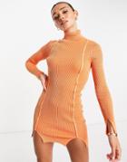 Asos Design Knitted Mini Dress With Splits And Front Seam Detail In Space Dye-orange