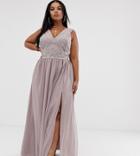 Asos Design Curve Maxi Dress With Tulle Skirt And Emebllished And Pearl Bodice-multi