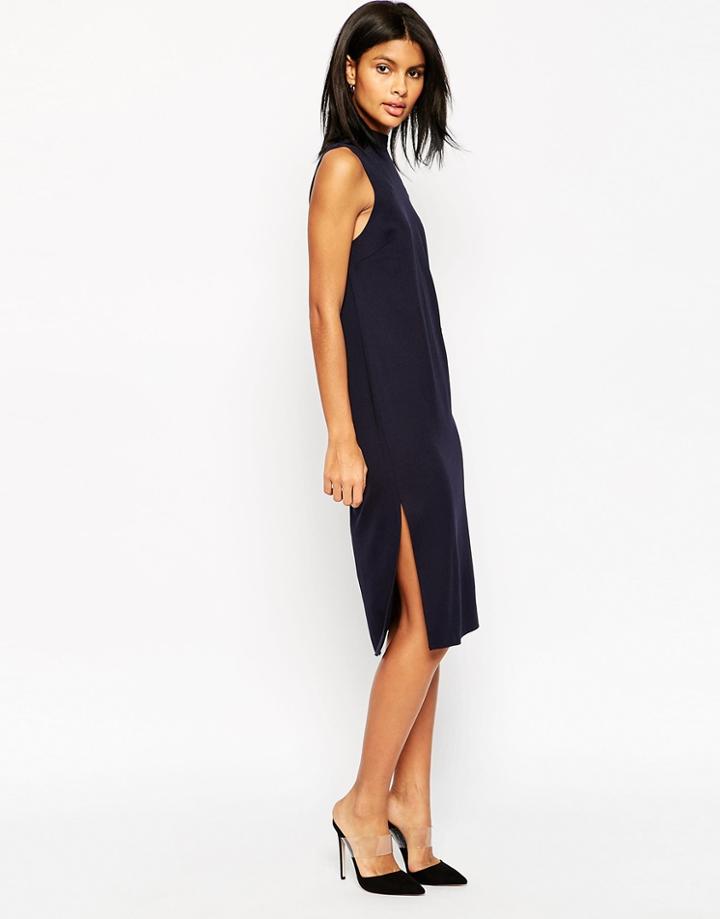 Asos High Neck Column Dress - Navy