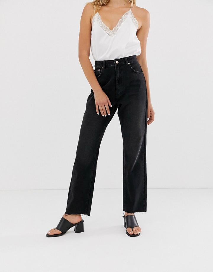 Na-kd High Waist Raw Hem Straight Leg Jeans In Washed Black