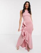 Lipsy X Abbey Clancy Halterneck Ruffle Maxi Dress In Blush Pink