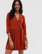 Asos Design Wrap Shirt Dress With Pleated Skirt - Orange