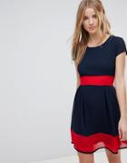Wal G Skater Dress With Stripe Waistband And Hem - Navy