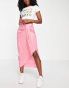 River Island Twist Front Jacquard Satin Midi Skirt In Pink