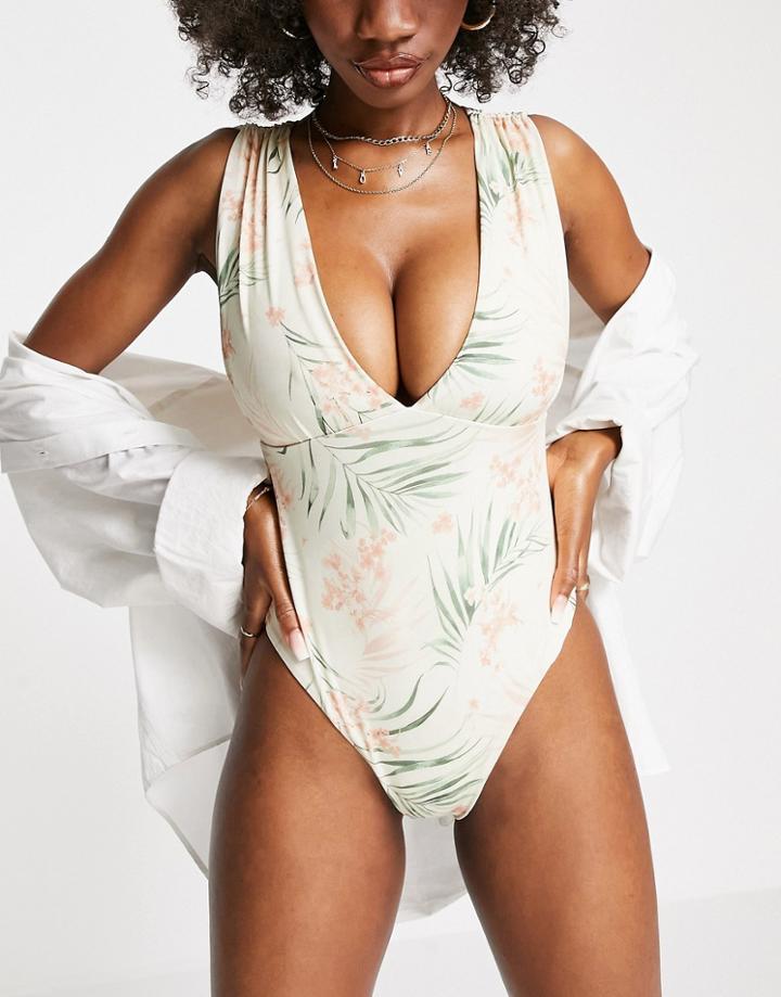 Asos Design Fuller Bust Gathered Plunge Swimsuit In Palm Print-multi