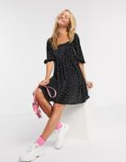 Asos Design Plisse Mini Dress With Square Neck In Polka Dot-black