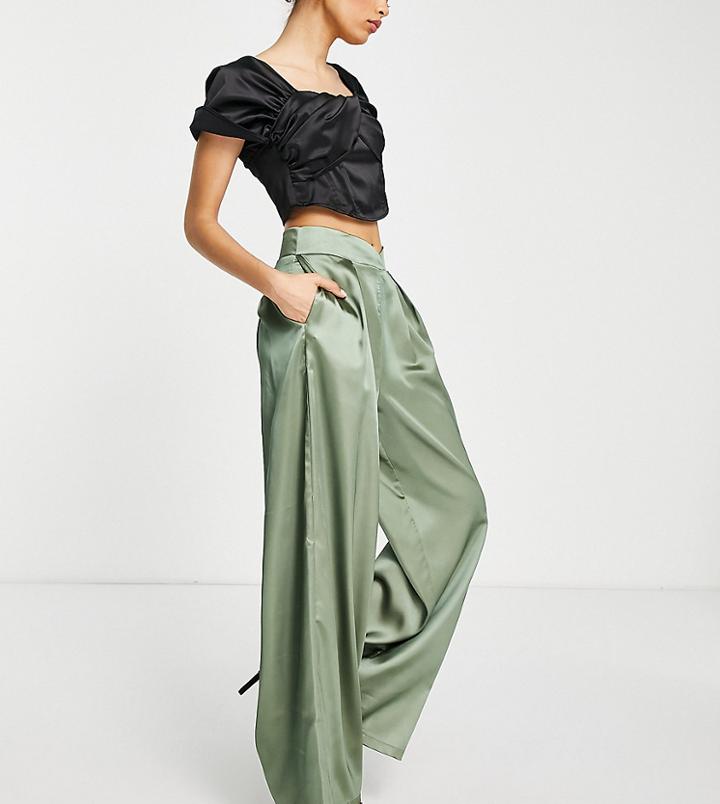 Flounce London Petite Pleated Wide Leg Satin Pants In Khaki-green