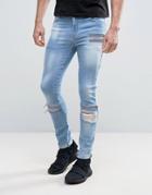 Asos Super Skinny Jeans With Zips And Rips In Bleach Blue - Blue
