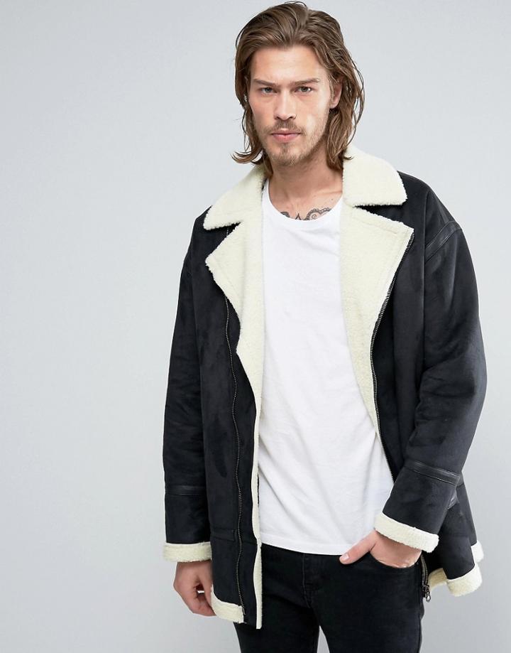 Asos Faux Shearling Biker Jacket In Black - Black