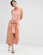 Asos Sweat Jumpsuit With Tie Front - Salmon
