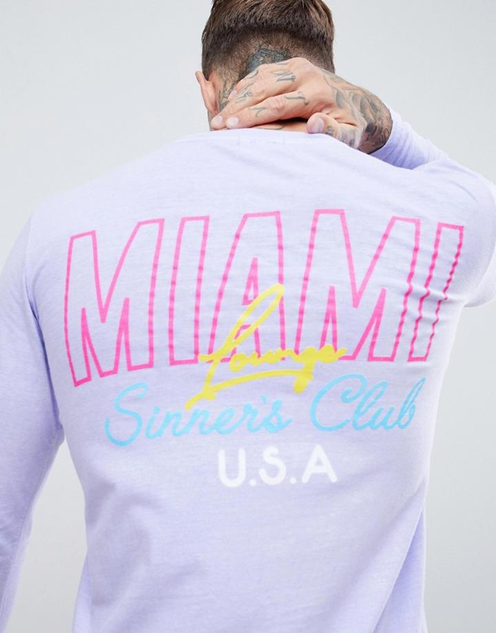 Boohooman Long Sleeve T-shirt With Miami Print In Lilac - Purple
