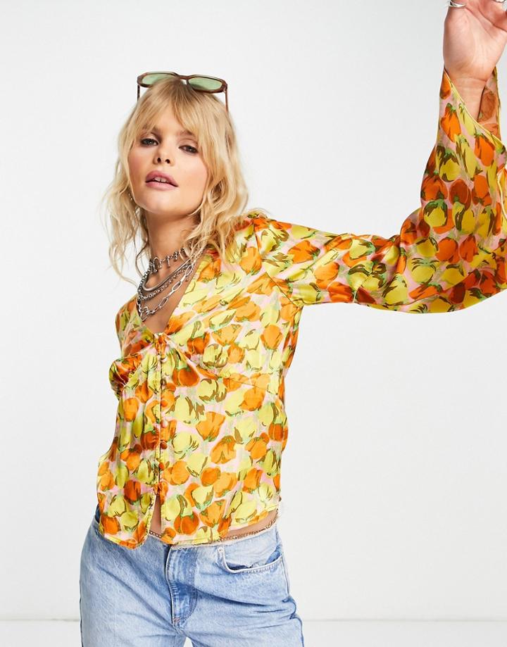 Topshop Bell Sleeve Satin Floral Button Through Tea Top In Multi