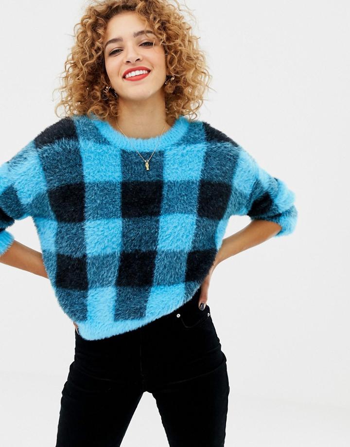 Asos Design Crew Neck Sweater In Fluffy Check-multi