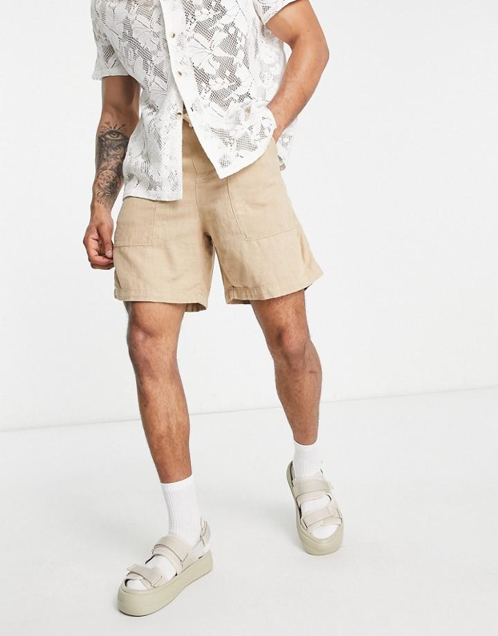 Bershka Linen Shorts In Camel-neutral