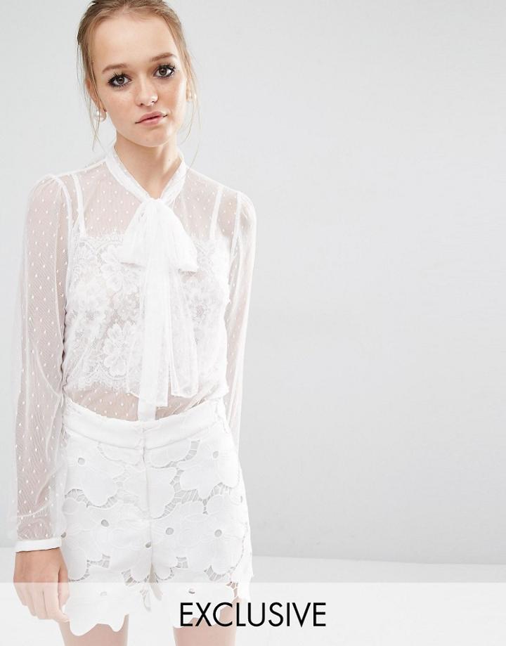 Sister Jane Saltwater Tulle Sheer Tie Neck Blouse - White