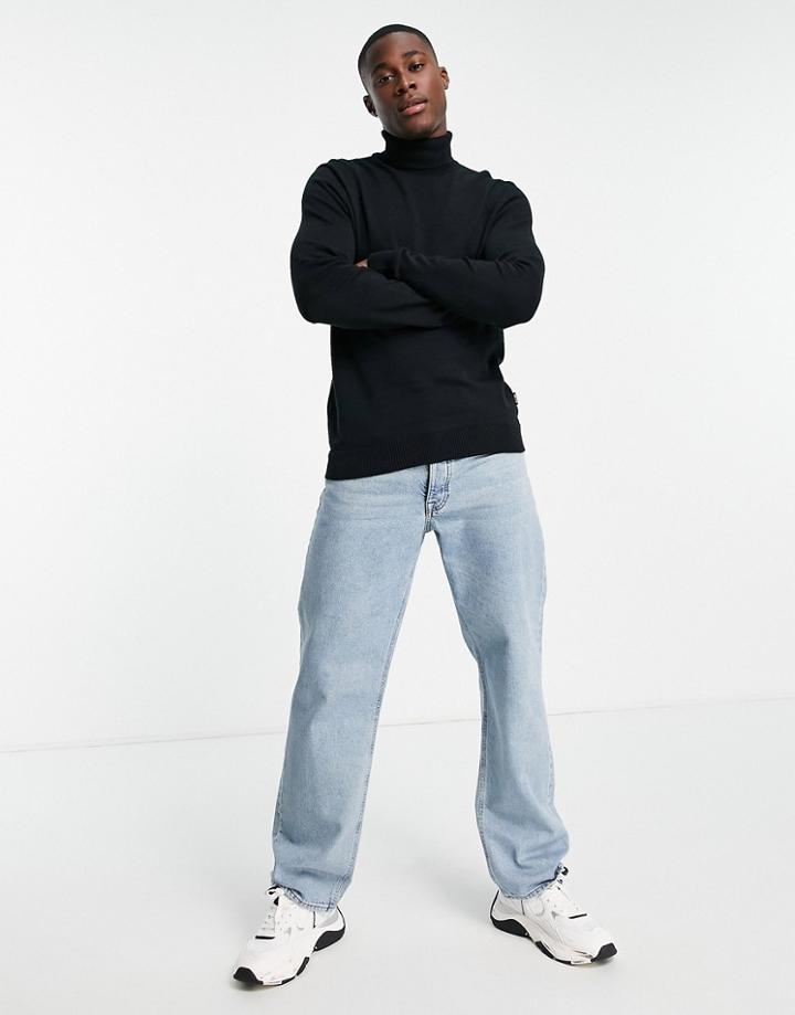 Only & Sons Lightweight Cotton Roll Neck Sweater In Black