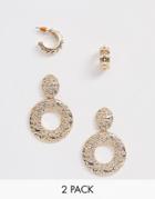 Asos Design Pack Of 2 Earrings With Textured Hoop And Open Circle Drop In Gold Tone
