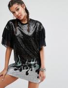 Jaded London Oversize T-shirt Dress In Sequin With Flames And Mesh Sle