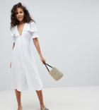 Asos Design Tall Plunge Button Through Casual Midi Tea Dress - White
