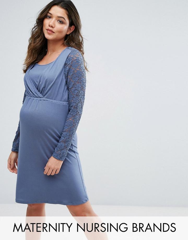 Mama. Licious Nursing Lace Sleeve Skater Dress - Blue
