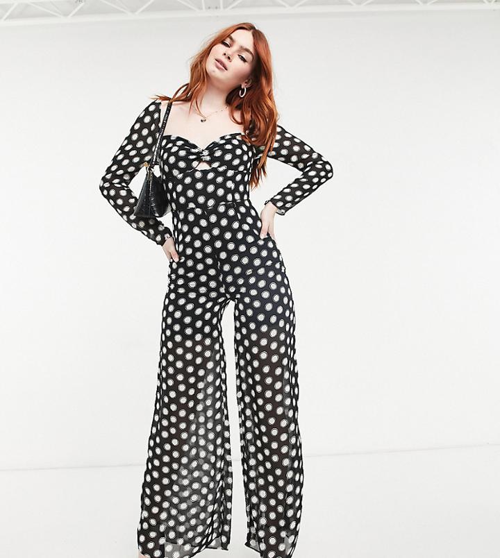 Dark Pink Long Sleeve Jumpsuit In Black And White Spot Print-multi