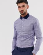Asos Design Skinny Fit Shirt Blue Pow Check Shirt With Contrast Rib Collar - Blue