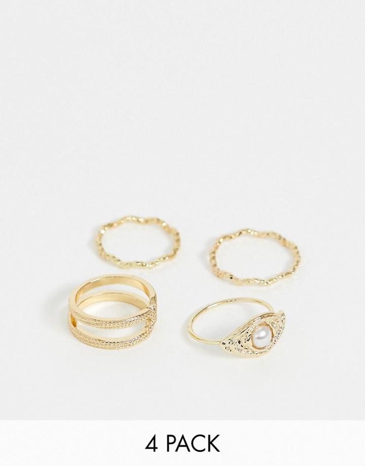 Asos Design Pack Of 4 Rings With Engraved Bands And Pearl Eye Design In Gold Tone - Gold