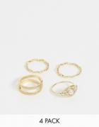 Asos Design Pack Of 4 Rings With Engraved Bands And Pearl Eye Design In Gold Tone - Gold