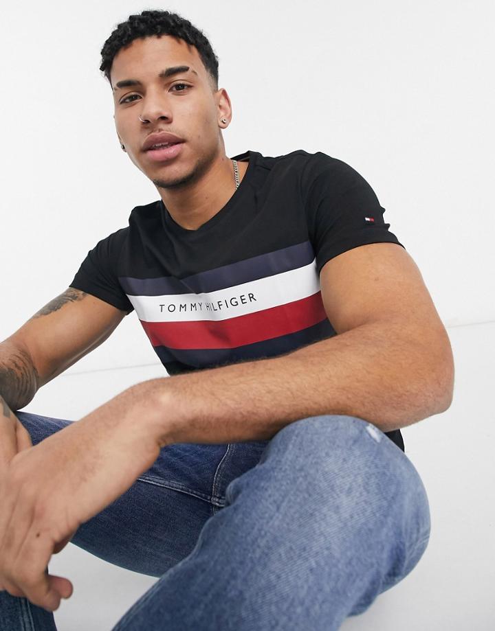 Tommy Hilfiger Large Icon Stripe Logo T-shirt In Black