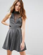 New Look Mesh Insert Metallic Skater Dress - Silver