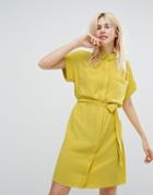 Monki Tie Waist Shirt Dress - Yellow