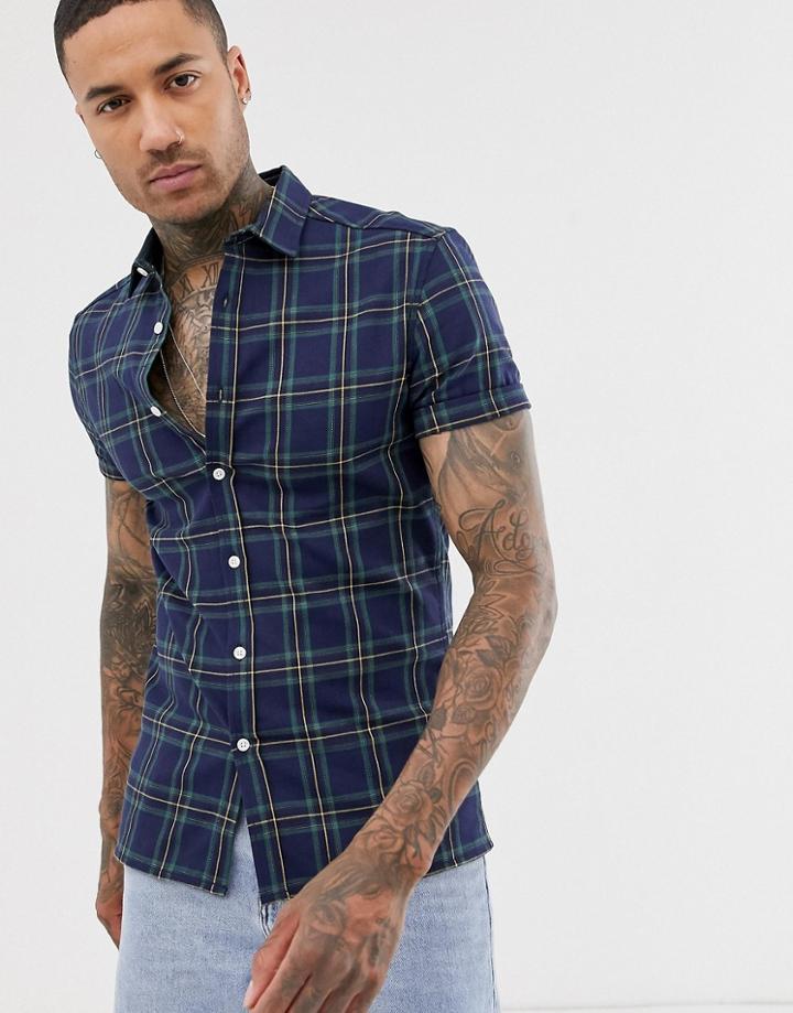 Asos Design Skinny Fit Check Shirt In Navy And Green