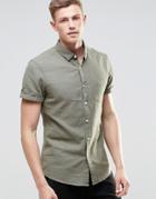 Asos Herringbone Shirt In Khaki With Short Sleeves In Regular Fit - Khaki