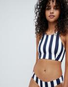 Weekday High Neck Racer Back Stripe Bikini Top - Navy
