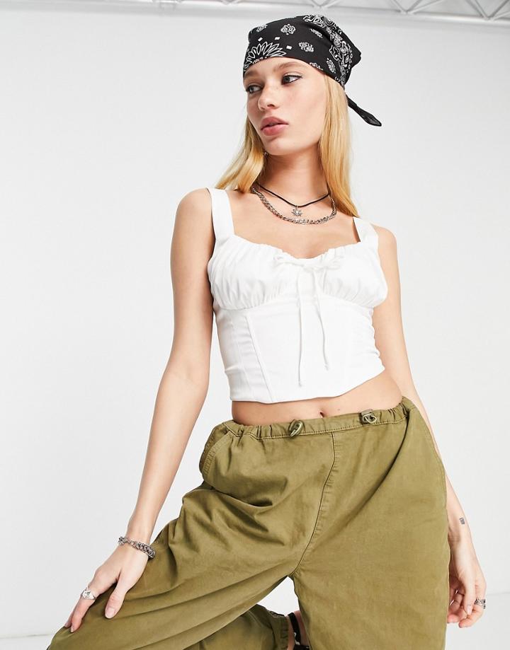 Bershka Ruched Bust Tie Detail Crop Top In White