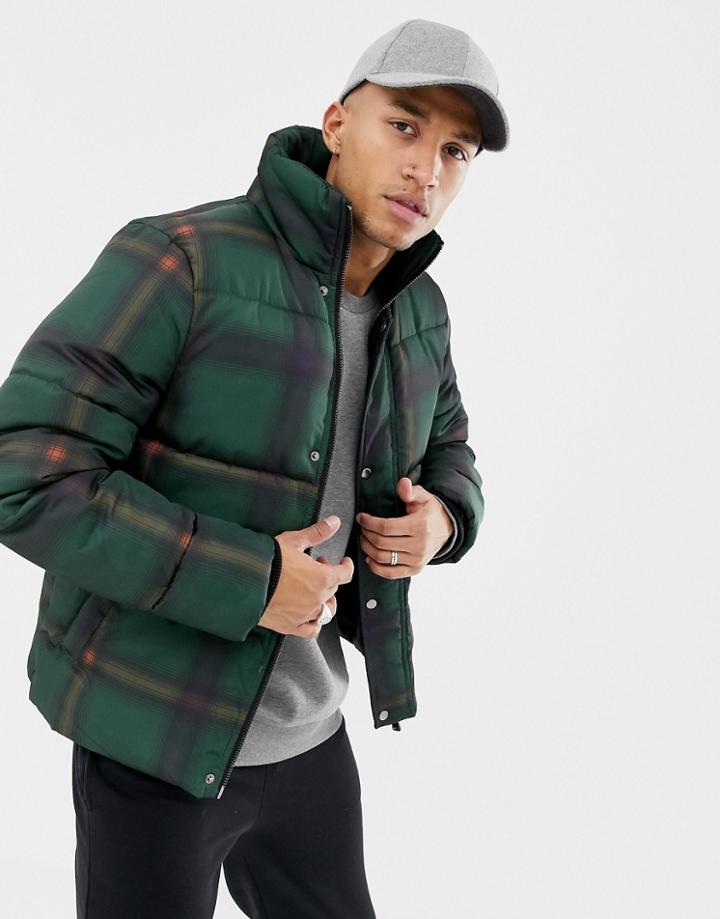 River Island Puffer Coat In Green Check - Green