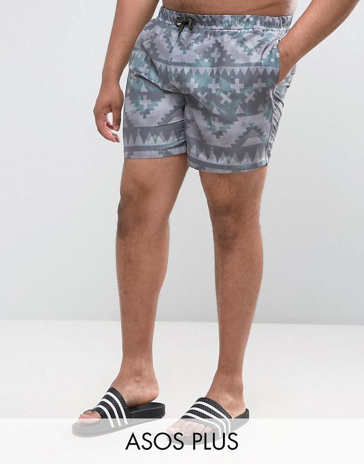 Asos Plus Swim Shorts With Geo-tribal Print In Mid Length - Multi
