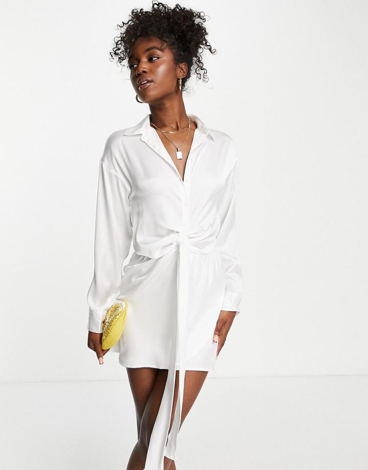 Pull & Bear Tie Front Long Sleeve Satin Mini Dress Ecru-neutral
