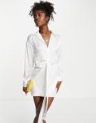 Pull & Bear Tie Front Long Sleeve Satin Mini Dress Ecru-neutral