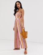 Lost Ink Bardot Jumpsuit In Linen Stripe - Multi