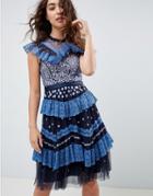 Needle And Thread Tiered Lace Embroidered Midi Dress In Navy - Navy