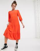 New Look 3/4 Sleeve Tiered Midi Smock Dress In Orange