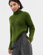Asos Design Roll Neck Sweater In Moving Rib Stitch-green