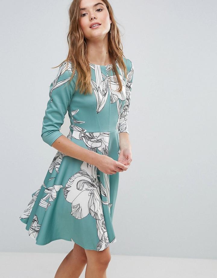 Closet Floral Ponte 3/4 Sleeve Skater Dress - Multi