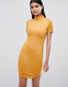 Lasula Suedette High Neck Bodycon Dress In Yellow - Yellow