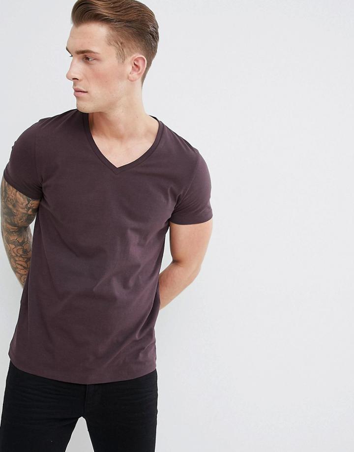 Asos Deisgn T-shirt With V Neck In Purple - Red