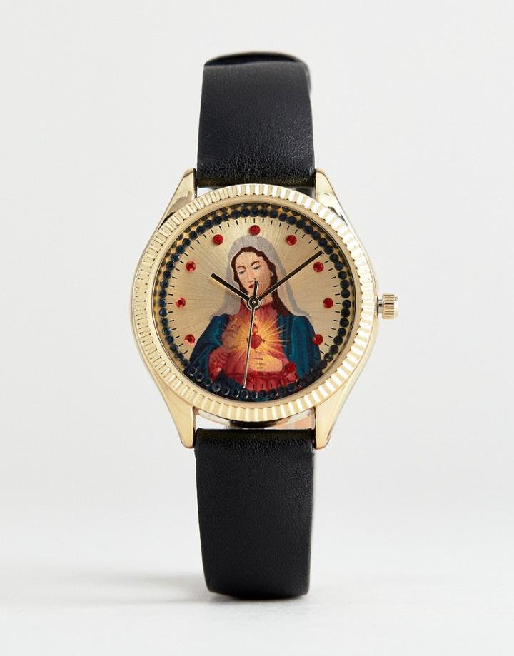 Asos Design Watch With Religious Icon Print - Black