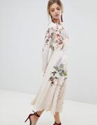 Asos Midi Dress With Pretty Floral And Bird Embroidery - Cream