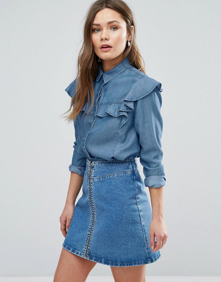 New Look Denim Frill Shirt - Blue