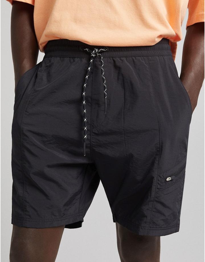 Bershka Nylon Shorts With Contrast Drawstrings In Black